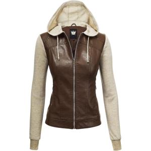 Made By Johnny Faux Leather Jacket Women Motorcycle Coat for Biker with Removable Hood(Wjc1347_coffee_oatmeal)