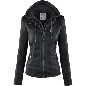 Made By Johnny Faux Leather Jacket Women Motorcycle Coat for Biker with Removable Hood(Wjc663_black)