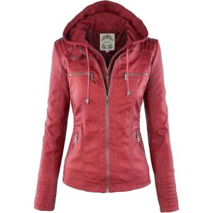 Made By Johnny Faux Leather Jacket Women Motorcycle Coat for Biker with Removable Hood(Wjc663_red)