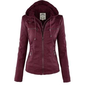 Made By Johnny Faux Leather Jacket Women Motorcycle Coat for Biker with Removable Hood(Wjc663_wine)