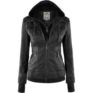 Made By Johnny Faux Leather Jacket Women Motorcycle Coat for Biker with Removable Hood(Wjc664_black/Charcoal)