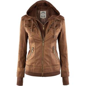 Made By Johnny Faux Leather Jacket Women Motorcycle Coat for Biker with Removable Hood(Wjc664_camel)