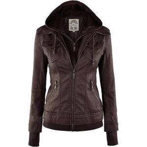 Made By Johnny Faux Leather Jacket Women Motorcycle Coat for Biker with Removable Hood(Wjc664_coffee/Ash_brown)