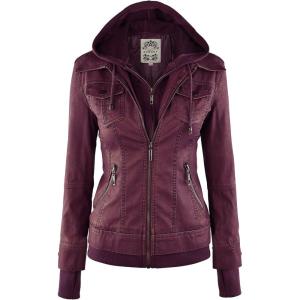 Made By Johnny Faux Leather Jacket Women Motorcycle Coat for Biker with Removable Hood(Wjc664_wine)