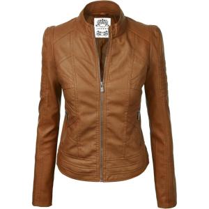Made By Johnny MBJ Womens Faux Leather Zip Up Moto Biker Jacket with Stitching Detail(Wjc746_camel)