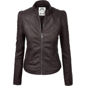 Made By Johnny MBJ Womens Faux Leather Zip Up Moto Biker Jacket with Stitching Detail(Wjc746_coffee)