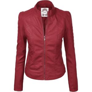 Made By Johnny MBJ Womens Faux Leather Zip Up Moto Biker Jacket with Stitching Detail(Wjc746_red)
