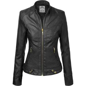 Made By Johnny MBJ Womens Faux Leather Zip Up Moto Biker Jacket with Stitching Detail(Wjc747_black)
