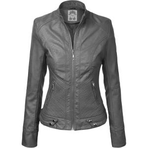 Made By Johnny MBJ Womens Faux Leather Zip Up Moto Biker Jacket with Stitching Detail(Wjc747_grey)
