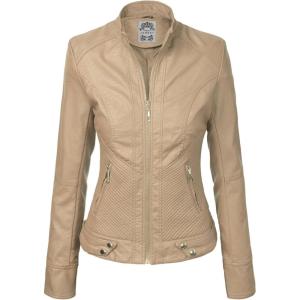 Made By Johnny MBJ Womens Faux Leather Zip Up Moto Biker Jacket with Stitching Detail(Wjc747_khaki)