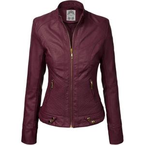 Made By Johnny MBJ Womens Faux Leather Zip Up Moto Biker Jacket with Stitching Detail(Wjc747_wine)