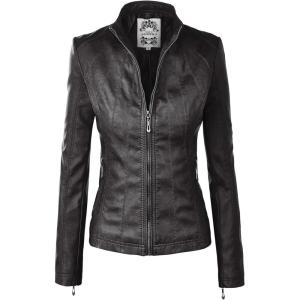 Made By Johnny MBJ Womens Faux Leather Zip Up Moto Biker Jacket with Stitching Detail(Wjc877_black)