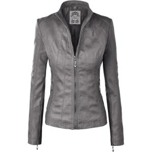 Made By Johnny MBJ Womens Faux Leather Zip Up Moto Biker Jacket with Stitching Detail(Wjc877_grey)