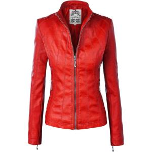 Made By Johnny MBJ Womens Faux Leather Zip Up Moto Biker Jacket with Stitching Detail(Wjc877_red)