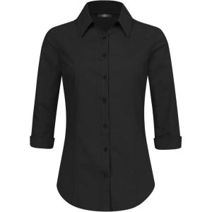 Made By Johnny MBJ Women’s Solide 3/4 Sleeve Stretchy Button Down Collared Office Formal Casua Blouse (S~3XL)(Wt1947_black)
