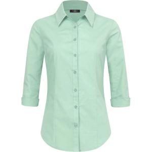 Made By Johnny MBJ Women’s Solide 3/4 Sleeve Stretchy Button Down Collared Office Formal Casua Blouse (S~3XL)(Wt1947_cool_mint)