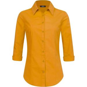 Made By Johnny MBJ Women’s Solide 3/4 Sleeve Stretchy Button Down Collared Office Formal Casua Blouse (S~3XL)(Wt1947_dark_mustard)