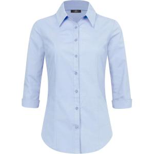 Made By Johnny MBJ Women’s Solide 3/4 Sleeve Stretchy Button Down Collared Office Formal Casua Blouse (S~3XL)(Wt1947_dusty_blue)