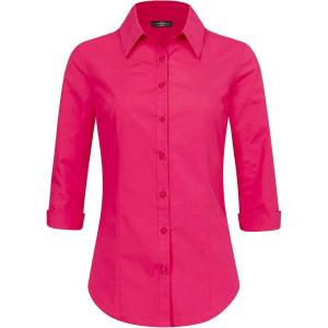 Made By Johnny MBJ Women’s Solide 3/4 Sleeve Stretchy Button Down Collared Office Formal Casua Blouse (S~3XL)(Wt1947_fucshia)