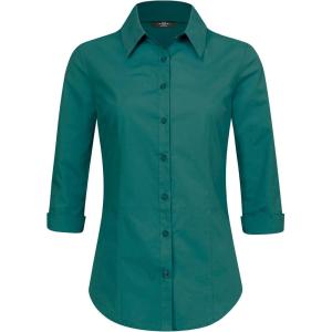 Made By Johnny MBJ Women’s Solide 3/4 Sleeve Stretchy Button Down Collared Office Formal Casua Blouse (S~3XL)(Wt1947_hunter_green)