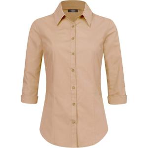 Made By Johnny MBJ Women’s Solide 3/4 Sleeve Stretchy Button Down Collared Office Formal Casua Blouse (S~3XL)(Wt1947_khaki)