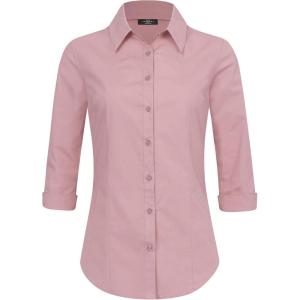 Made By Johnny MBJ Women’s Solide 3/4 Sleeve Stretchy Button Down Collared Office Formal Casua Blouse (S~3XL)(Wt1947_light_mauve)