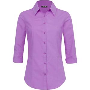 Made By Johnny MBJ Women’s Solide 3/4 Sleeve Stretchy Button Down Collared Office Formal Casua Blouse (S~3XL)(Wt1947_lilac)