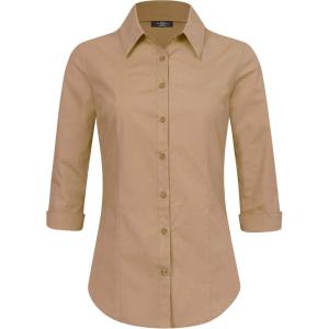 Made By Johnny MBJ Women’s Solide 3/4 Sleeve Stretchy Button Down Collared Office Formal Casua Blouse (S~3XL)(Wt1947_new_khaki)
