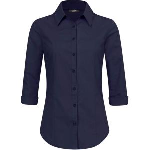 Made By Johnny MBJ Women’s Solide 3/4 Sleeve Stretchy Button Down Collared Office Formal Casua Blouse (S~3XL)(Wt1947_new_navy)