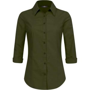 Made By Johnny MBJ Women’s Solide 3/4 Sleeve Stretchy Button Down Collared Office Formal Casua Blouse (S~3XL)(Wt1947_new_olive)