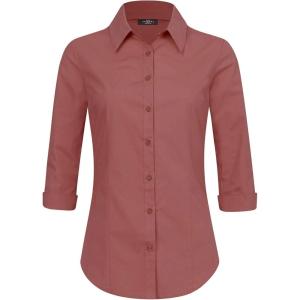 Made By Johnny MBJ Women’s Solide 3/4 Sleeve Stretchy Button Down Collared Office Formal Casua Blouse (S~3XL)(Wt1947_red_bean)