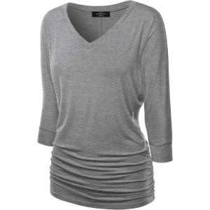 Made By Johnny Women’s Casual Boat Neck and V-Neck 3/4 Sleeve Draped Dolman Top with Side Shirring Premium Shirt(Wt1036_heather_dark_grey)