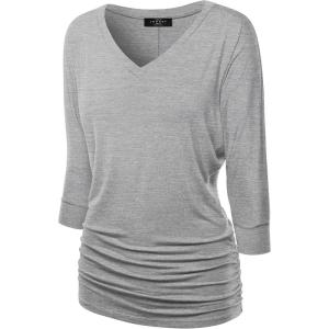 Made By Johnny Women’s Casual Boat Neck and V-Neck 3/4 Sleeve Draped Dolman Top with Side Shirring Premium Shirt(Wt1036_heather_grey)
