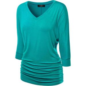 Made By Johnny Women’s Casual Boat Neck and V-Neck 3/4 Sleeve Draped Dolman Top with Side Shirring Premium Shirt(Wt1036_jade)