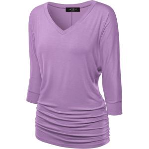 Made By Johnny Women’s Casual Boat Neck and V-Neck 3/4 Sleeve Draped Dolman Top with Side Shirring Premium Shirt(Wt1036_lilac)