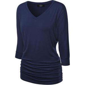 Made By Johnny Women’s Casual Boat Neck and V-Neck 3/4 Sleeve Draped Dolman Top with Side Shirring Premium Shirt(Wt1036_navy)