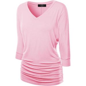Made By Johnny Women’s Casual Boat Neck and V-Neck 3/4 Sleeve Draped Dolman Top with Side Shirring Premium Shirt(Wt1036_pink)