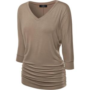 Made By Johnny Women’s Casual Boat Neck and V-Neck 3/4 Sleeve Draped Dolman Top with Side Shirring Premium Shirt(Wt1036_taupe)