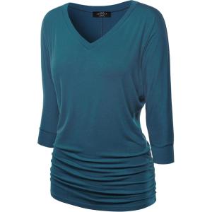 Made By Johnny Women’s Casual Boat Neck and V-Neck 3/4 Sleeve Draped Dolman Top with Side Shirring Premium Shirt(Wt1036_teal)