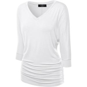 Made By Johnny Women’s Casual Boat Neck and V-Neck 3/4 Sleeve Draped Dolman Top with Side Shirring Premium Shirt(Wt1036_white)