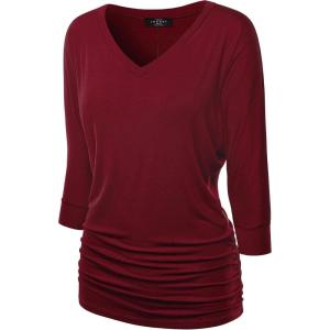 Made By Johnny Women’s Casual Boat Neck and V-Neck 3/4 Sleeve Draped Dolman Top with Side Shirring Premium Shirt(Wt1036_wine)