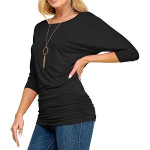 Made By Johnny Women’s Casual Boat Neck and V-Neck 3/4 Sleeve Draped Dolman Top with Side Shirring Premium Shirt(Wt822_black)