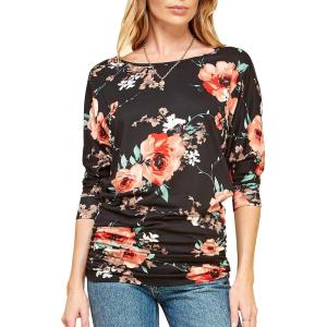 Made By Johnny Women’s Casual Boat Neck and V-Neck 3/4 Sleeve Draped Dolman Top with Side Shirring Premium Shirt(Wt822_black_floral)