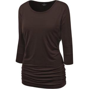 Made By Johnny Women’s Casual Boat Neck and V-Neck 3/4 Sleeve Draped Dolman Top with Side Shirring Premium Shirt(Wt822_brown)