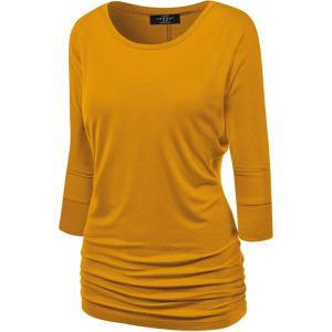 Made By Johnny Women’s Casual Boat Neck and V-Neck 3/4 Sleeve Draped Dolman Top with Side Shirring Premium Shirt(Wt822_mustard)