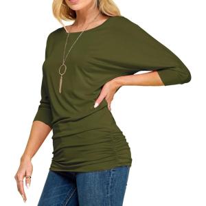 Made By Johnny Women’s Casual Boat Neck and V-Neck 3/4 Sleeve Draped Dolman Top with Side Shirring Premium Shirt(Wt822_olive)