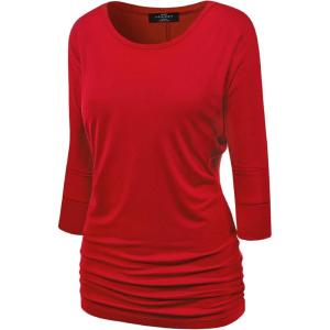 Made By Johnny Women’s Casual Boat Neck and V-Neck 3/4 Sleeve Draped Dolman Top with Side Shirring Premium Shirt(Wt822_red)