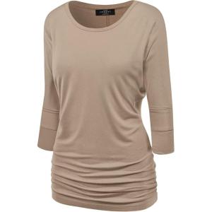 Made By Johnny Women’s Casual Boat Neck and V-Neck 3/4 Sleeve Draped Dolman Top with Side Shirring Premium Shirt(Wt822_taupe)