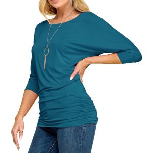 Made By Johnny Women’s Casual Boat Neck and V-Neck 3/4 Sleeve Draped Dolman Top with Side Shirring Premium Shirt(Wt822_teal)