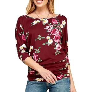 Made By Johnny Women’s Casual Boat Neck and V-Neck 3/4 Sleeve Draped Dolman Top with Side Shirring Premium Shirt(Wt822_wine_floral)